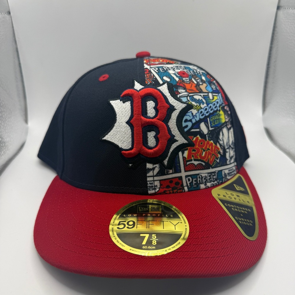 New Era 59FIFTY Low Profile Boston Red Sox Comic Graphic Hat 7 5/8 Navy Red